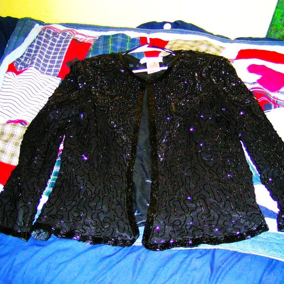 VINTAGE ADRIANNA PEPELL BLACK BEADED SILK EVENING JACKET S/M - Picture 1 of 5